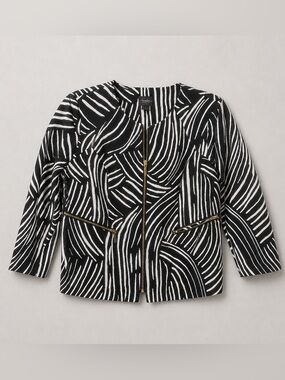 Travelers Collection By Chico Black & White Abstract Stripe Zip Jacket S